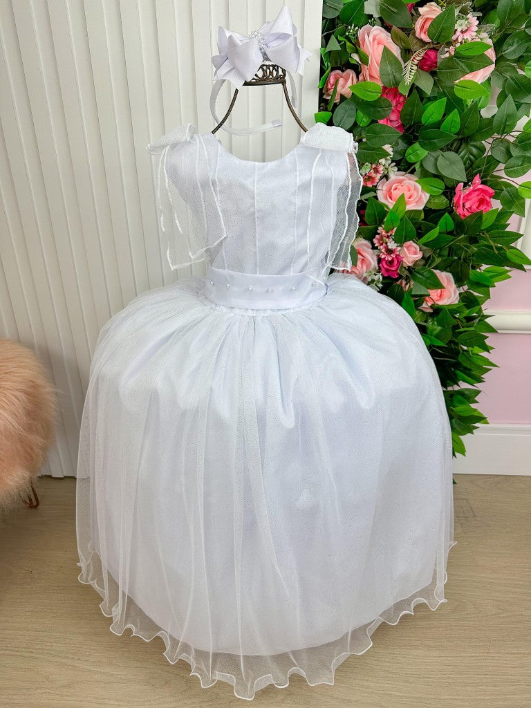 Vestido Infantil Branco em Tecido Talco com Saia Rodada e Renda Delicada para Daminhas