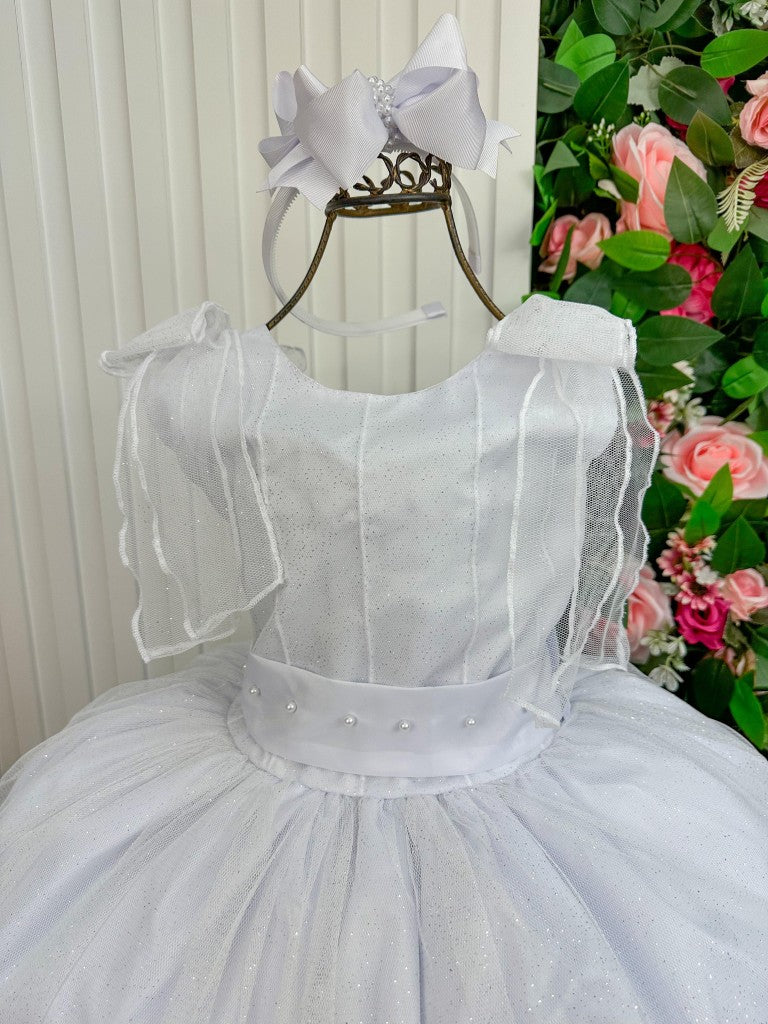 Vestido Infantil Branco em Tecido Talco com Saia Rodada e Renda Delicada para Daminhas