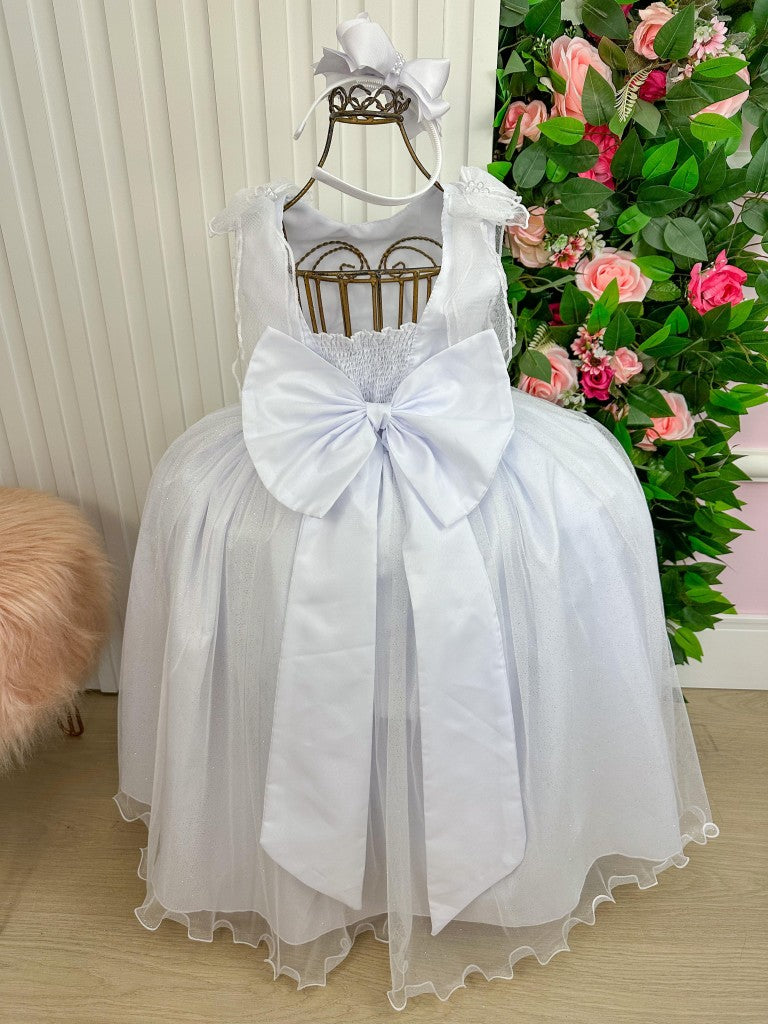 Vestido Infantil Branco em Tecido Talco com Saia Rodada e Renda Delicada para Daminhas