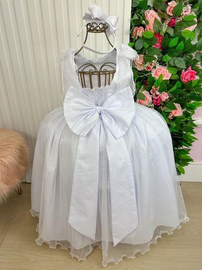 Vestido Infantil Branco em Tecido Talco com Saia Rodada e Renda Delicada para Daminhas