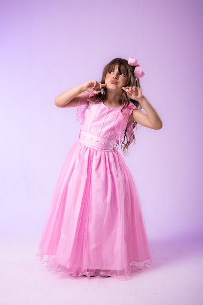 Vestido Infantil Rosa Bebê em Renda com Apliques Brilhantes para Festa de Aniversário