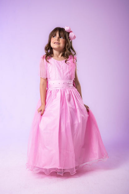 Vestido Infantil Rosa Bebê em Renda com Apliques Brilhantes para Festa de Aniversário