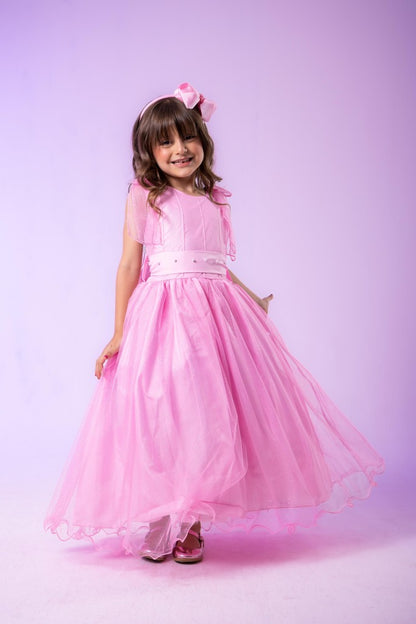 Vestido Infantil Rosa Bebê em Renda com Apliques Brilhantes para Festa de Aniversário