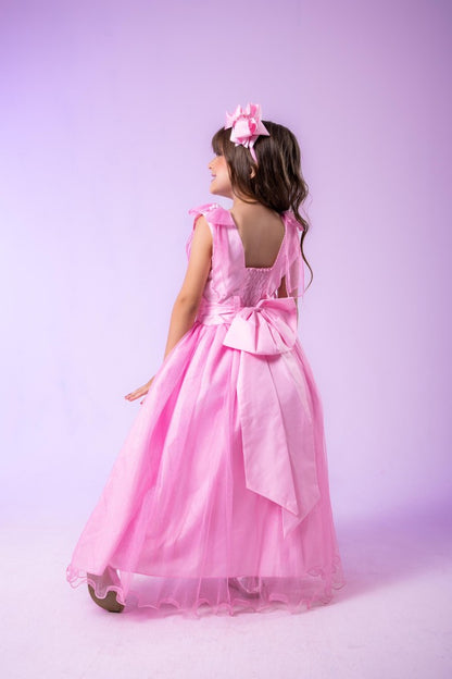 Vestido Infantil Rosa Bebê em Renda com Apliques Brilhantes para Festa de Aniversário