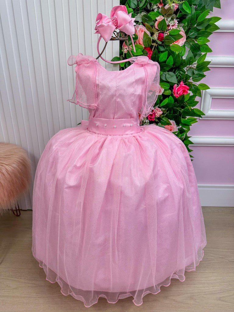 Vestido Infantil Rosa Bebê em Renda com Apliques Brilhantes para Festa de Aniversário