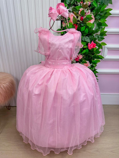 Vestido Infantil Rosa Bebê em Renda com Apliques Brilhantes para Festa de Aniversário