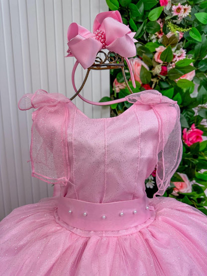 Vestido Infantil Rosa Bebê em Renda com Apliques Brilhantes para Festa de Aniversário