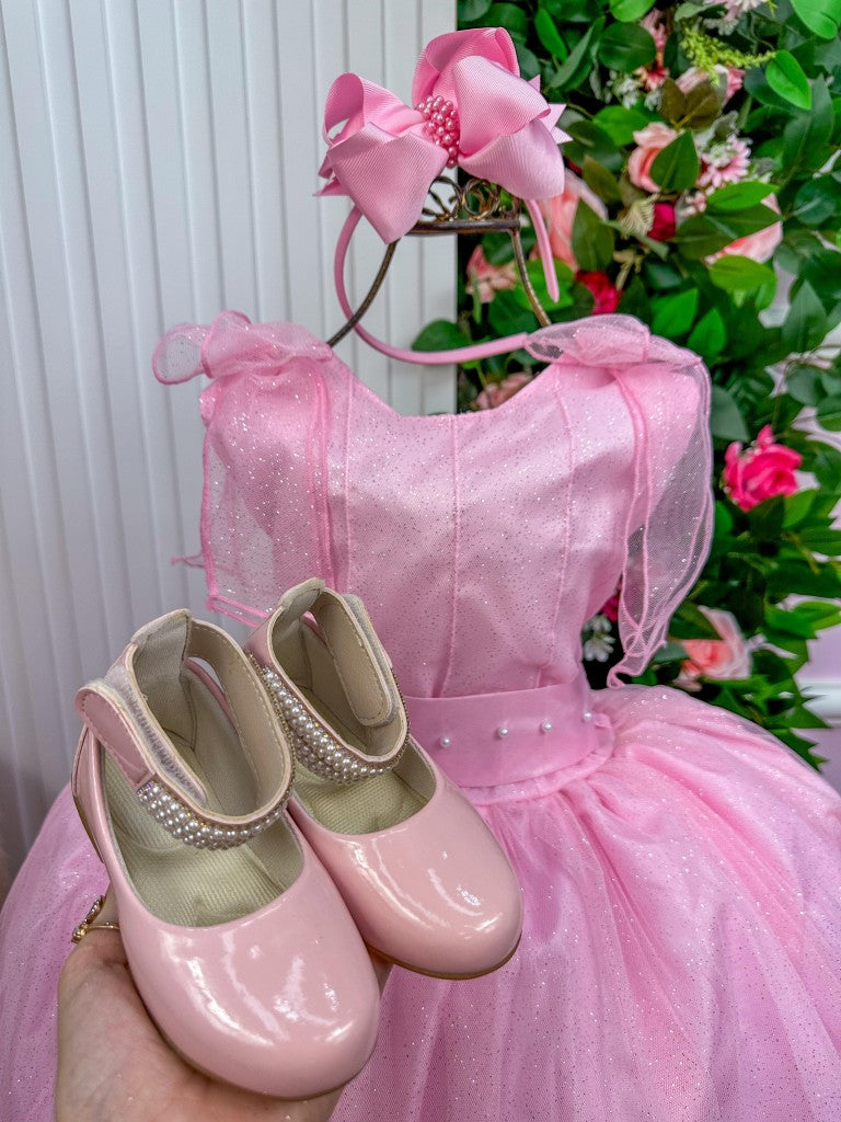Vestido Infantil Rosa Bebê em Renda com Apliques Brilhantes para Festa de Aniversário