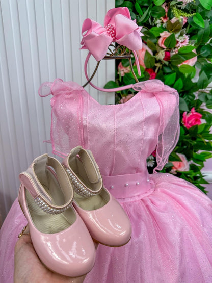 Vestido Infantil Rosa Bebê em Renda com Apliques Brilhantes para Festa de Aniversário