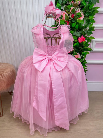 Vestido Infantil Rosa Bebê em Renda com Apliques Brilhantes para Festa de Aniversário