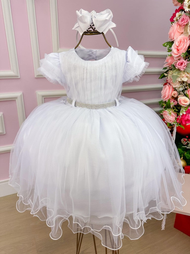 Vestido Infantil Branco em Tafetá com Tule no Peito e Laços para Daminhas