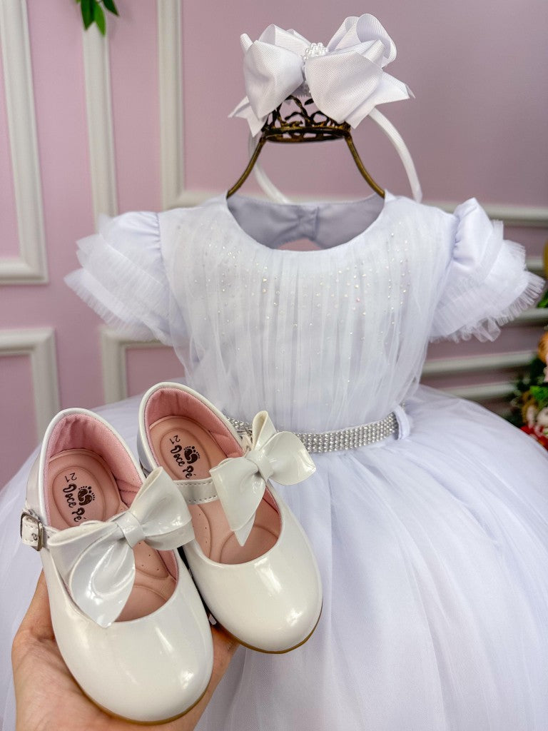 Vestido Infantil Branco em Tafetá com Tule no Peito e Laços para Daminhas