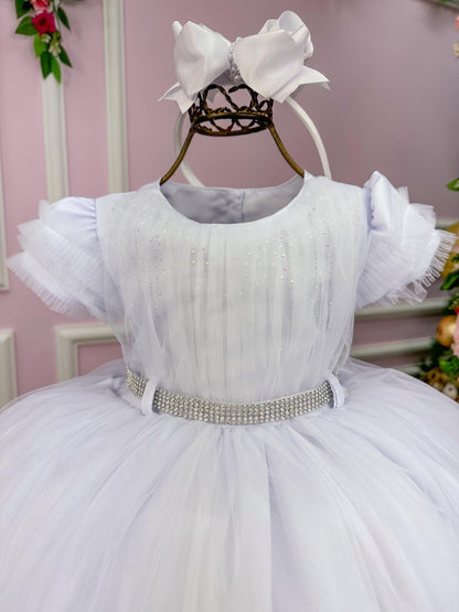 Vestido Infantil Branco em Tafetá com Tule no Peito e Laços para Daminhas