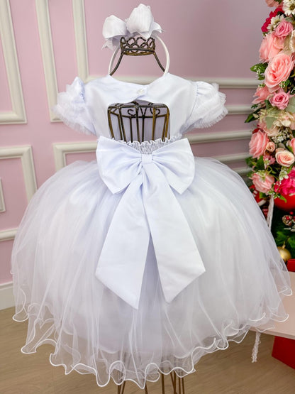 Vestido Infantil Branco em Tafetá com Tule no Peito e Laços para Daminhas