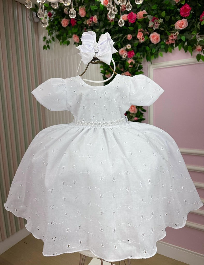 Vestido Infantil Branco em Laise com Laço Cristal para Festa de Aniversário