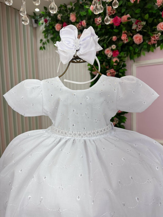 Vestido Infantil Branco em Laise com Laço Cristal para Festa de Aniversário