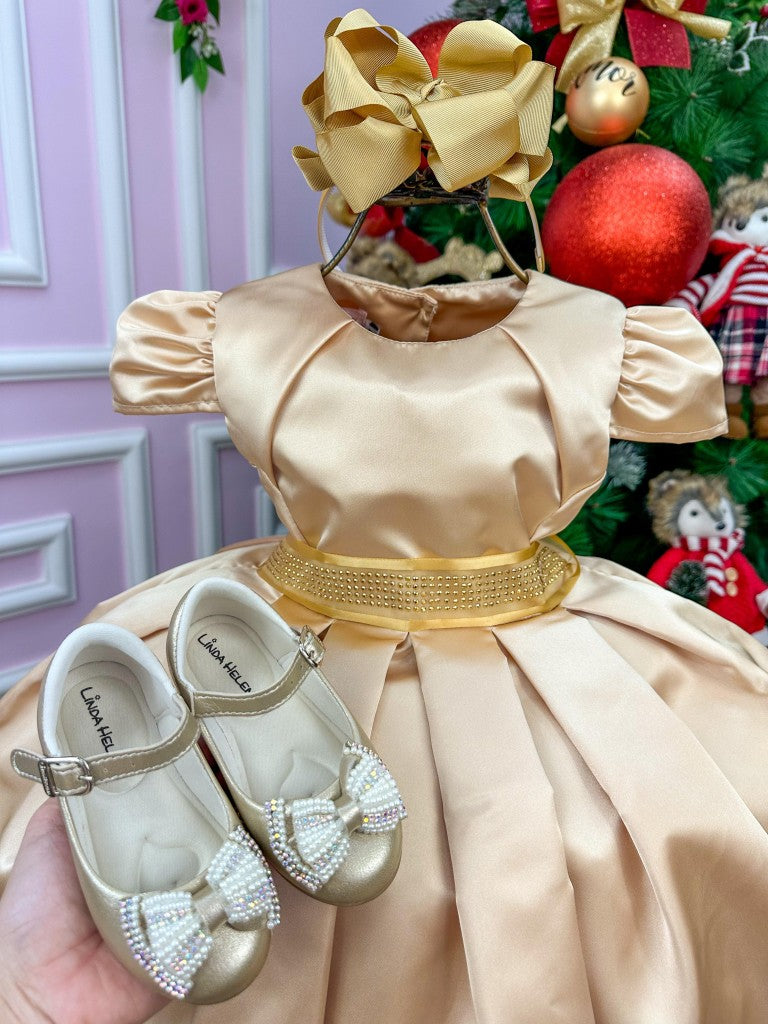Vestido Infantil Dourado em Poliéster com Brilho Luxuoso e Laço nas Costas para Festa de Aniversário