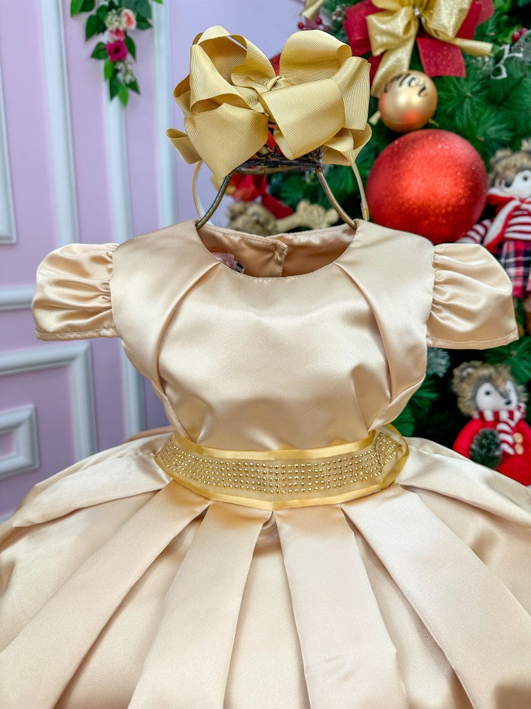 Vestido Infantil Dourado em Poliéster com Brilho Luxuoso e Laço nas Costas para Festa de Aniversário