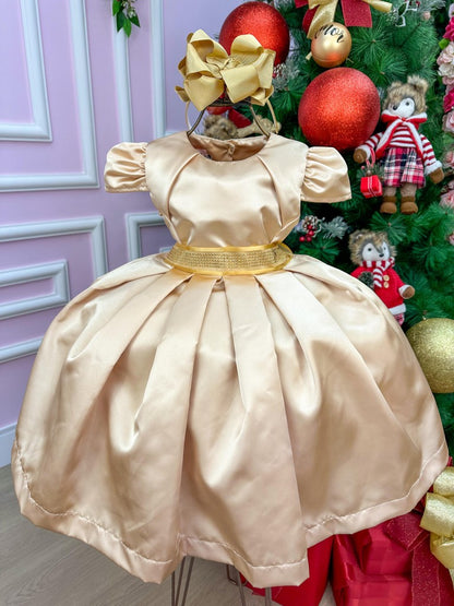 Vestido Infantil Dourado em Poliéster com Brilho Luxuoso e Laço nas Costas para Festa de Aniversário