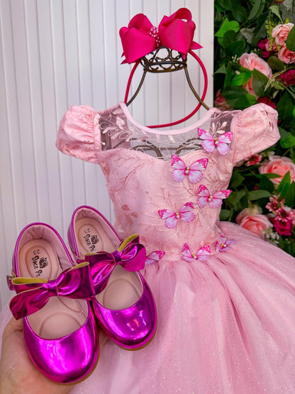 Vestido Vila Lele Longo Jardim Encantado Borboletas Rosa Bebe