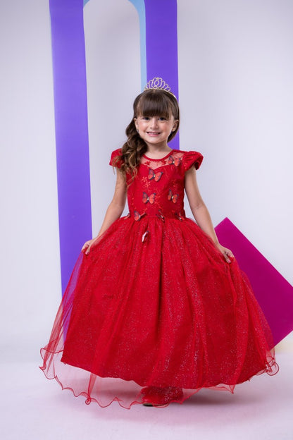 Vestido Vila Lele Longo Jardim Encantado Borboletas Vermelho