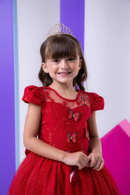 Vestido Vila Lele Longo Jardim Encantado Borboletas Vermelho