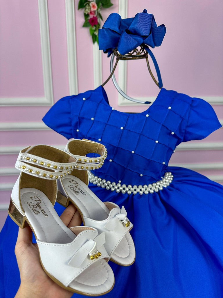 Vestido Infantil Azul Royal em Cetim com Detalhes em Pérolas e Laço nas Costas para Festa de Aniversário