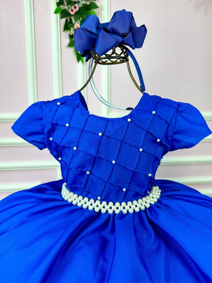 Vestido Infantil Azul Royal em Cetim com Detalhes em Pérolas e Laço nas Costas para Festa de Aniversário