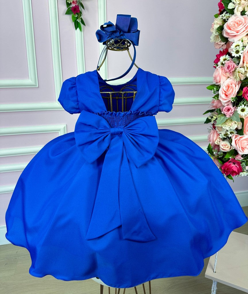 Vestido Infantil Azul Royal em Cetim com Detalhes em Pérolas e Laço nas Costas para Festa de Aniversário
