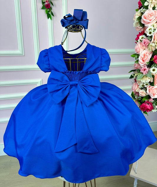 Vestido Infantil Azul Royal em Cetim com Detalhes em Pérolas e Laço nas Costas para Festa de Aniversário