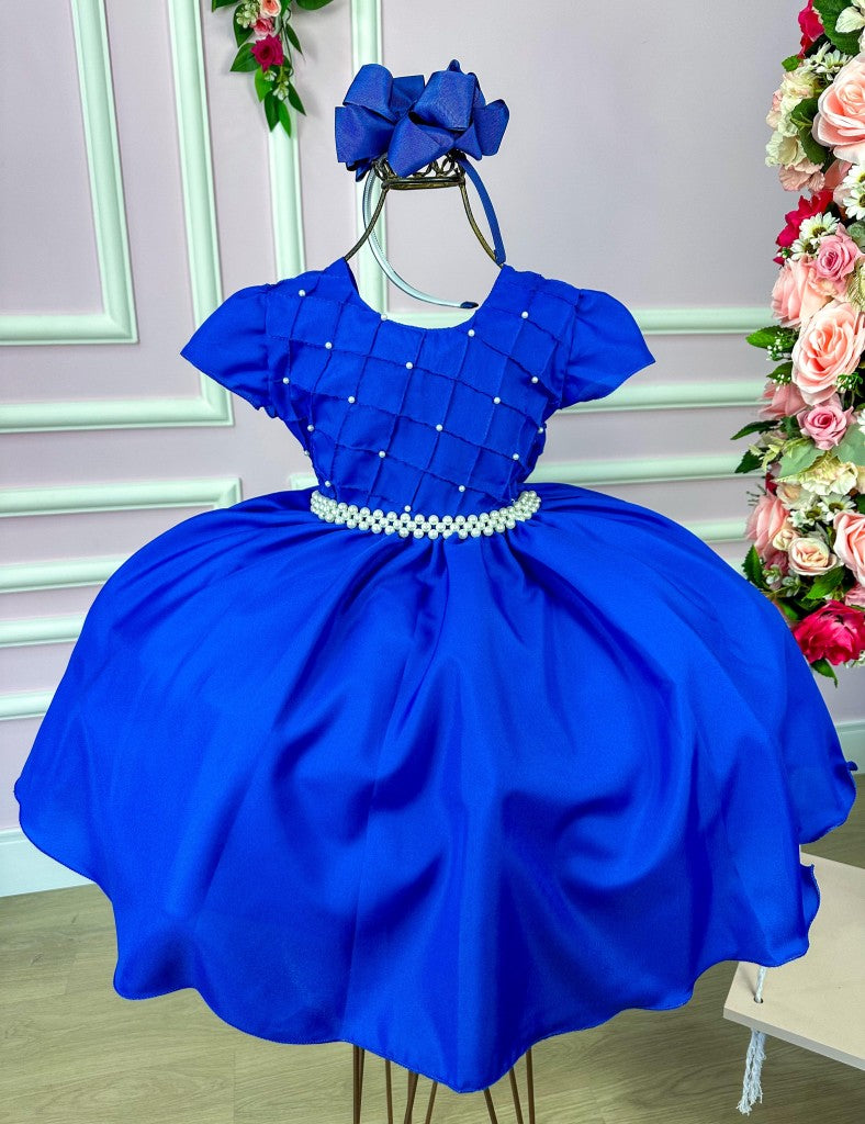 Vestido Infantil Azul Royal em Cetim com Detalhes em Pérolas e Laço nas Costas para Festa de Aniversário