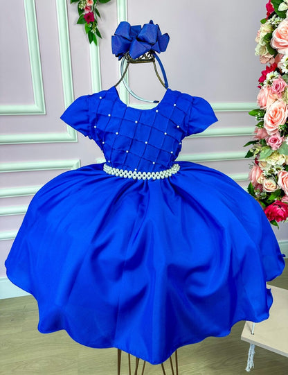 Vestido Infantil Azul Royal em Cetim com Detalhes em Pérolas e Laço nas Costas para Festa de Aniversário