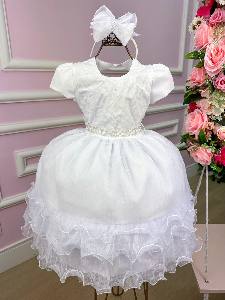 Vestido Infantil Branco em Tule com Renda e Saia Rodada para Daminhas