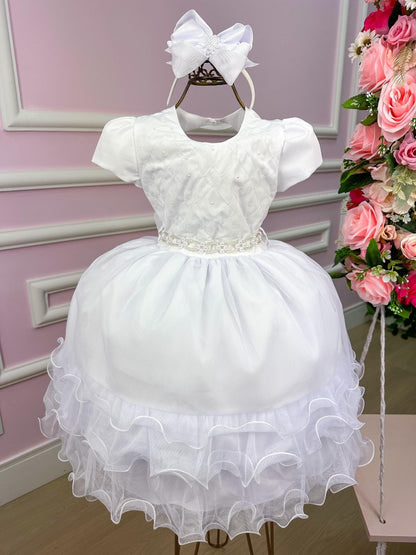 Vestido Infantil Branco em Tule com Renda e Saia Rodada para Daminhas