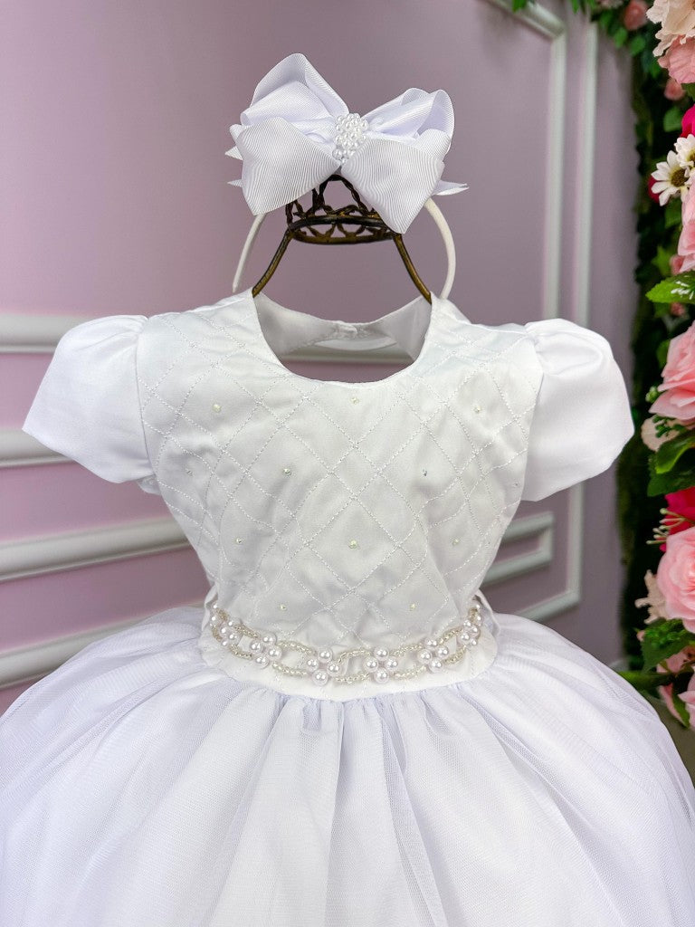 Vestido Infantil Branco em Tule com Renda e Saia Rodada para Daminhas