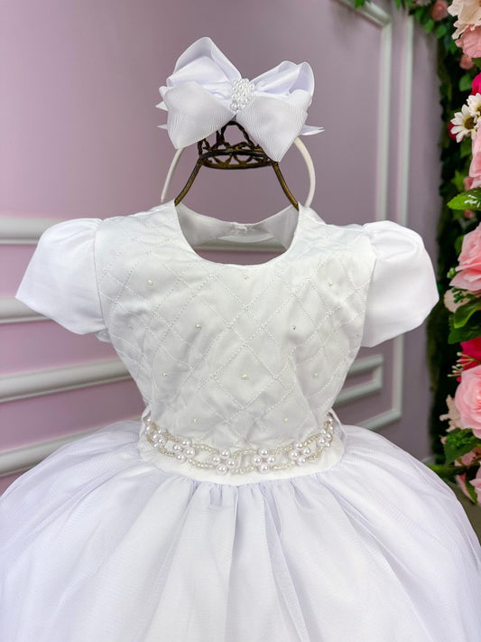 Vestido Infantil Branco em Tule com Renda e Saia Rodada para Daminhas