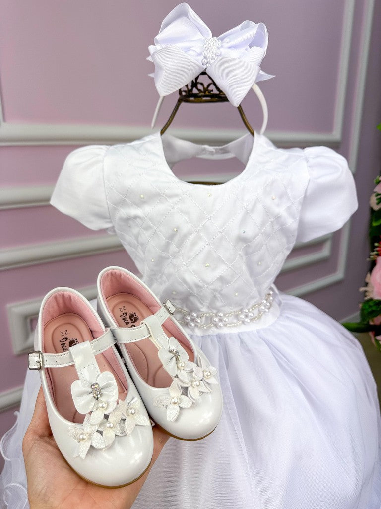 Vestido Infantil Branco em Tule com Renda e Saia Rodada para Daminhas