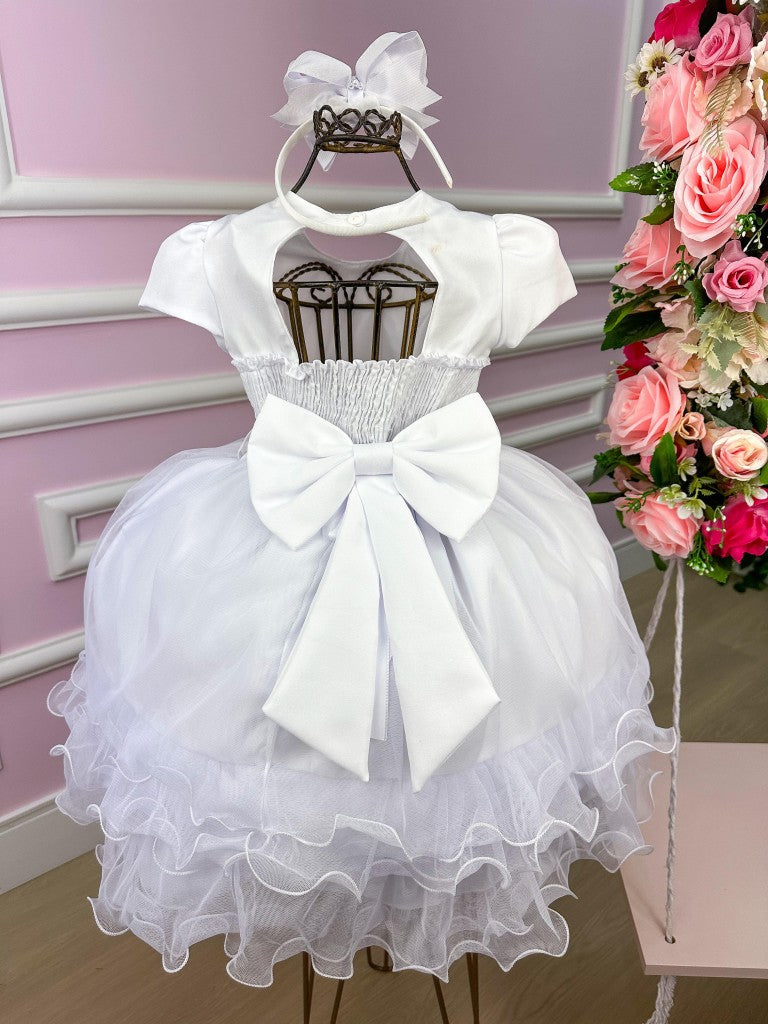 Vestido Infantil Branco em Tule com Renda e Saia Rodada para Daminhas