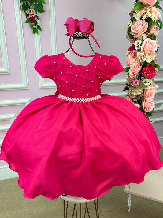 Vestido Infantil Rosa em Poliéster com Pérolas e Gola para Festa de Aniversário