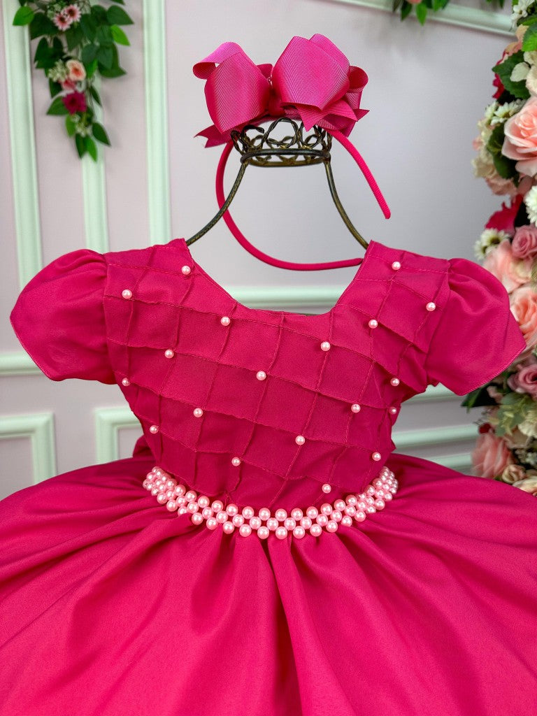 Vestido Infantil Rosa em Poliéster com Pérolas e Gola para Festa de Aniversário