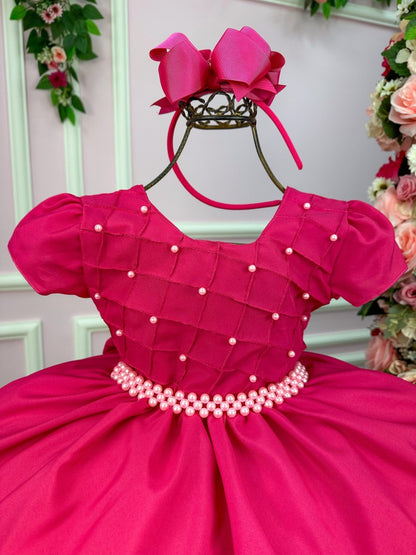Vestido Infantil Rosa em Poliéster com Pérolas e Gola para Festa de Aniversário
