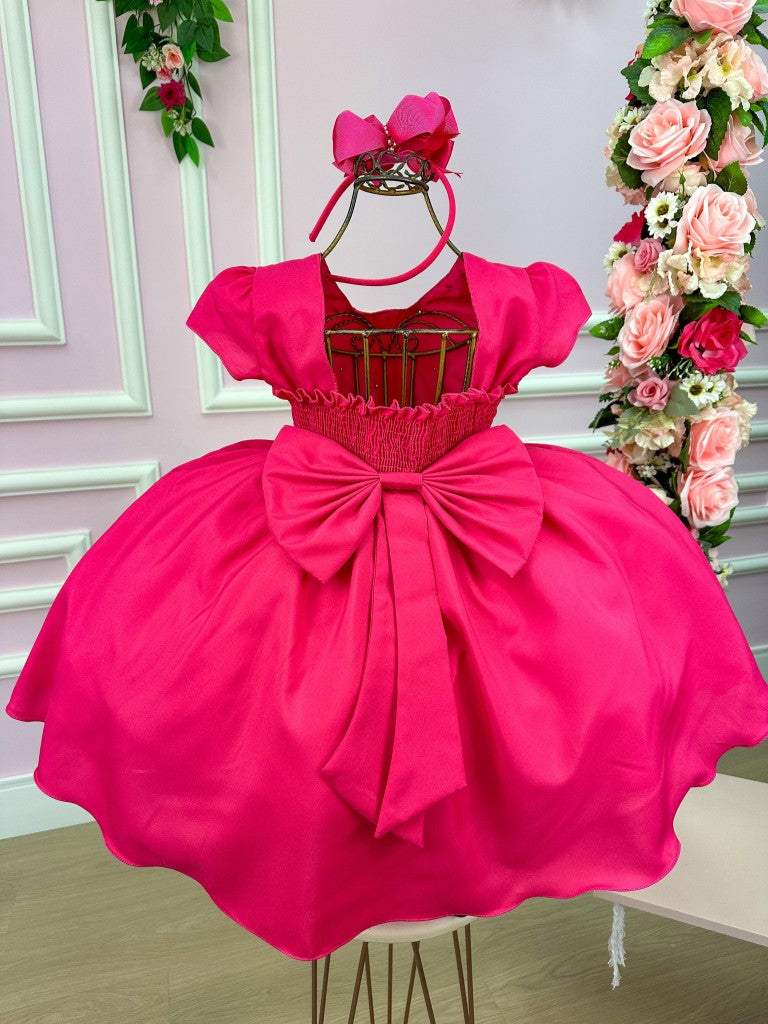 Vestido Infantil Rosa em Poliéster com Pérolas e Gola para Festa de Aniversário