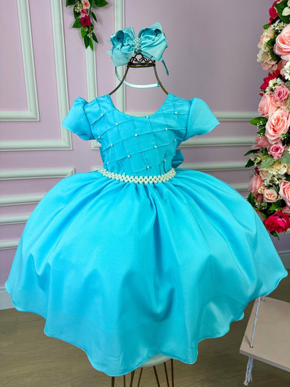 Vestido Infantil Azul Tiffany em Cetim com Detalhes em Pérolas e Saia Rodada para Festa de Aniversário