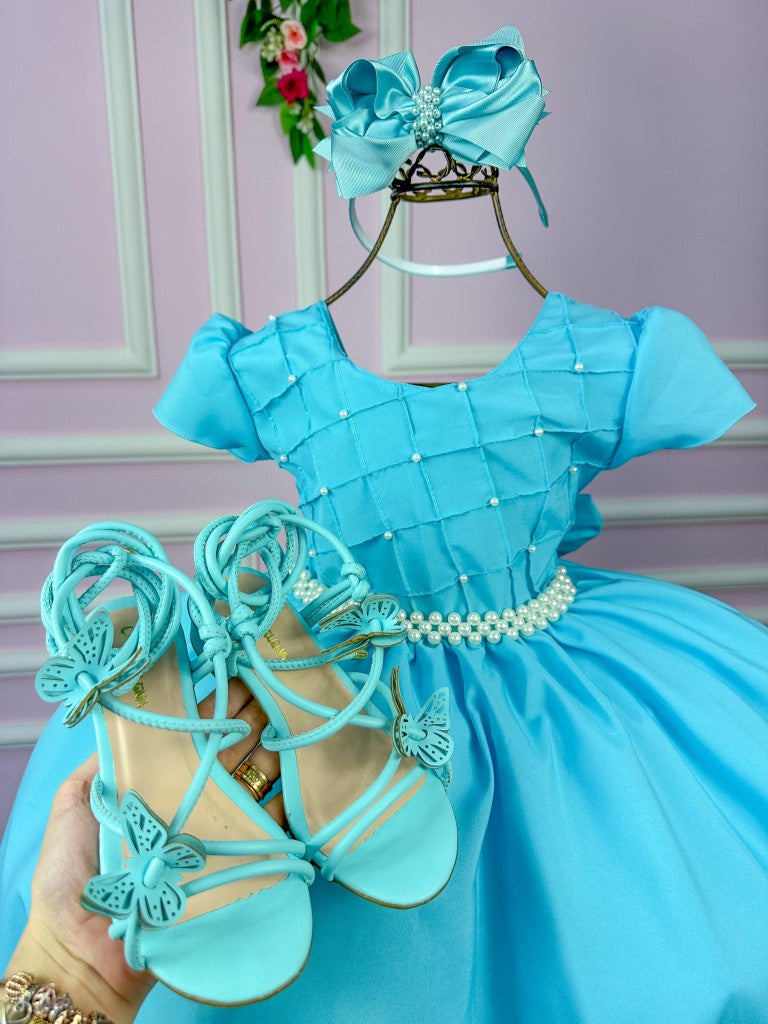 Vestido Infantil Azul Tiffany em Cetim com Detalhes em Pérolas e Saia Rodada para Festa de Aniversário