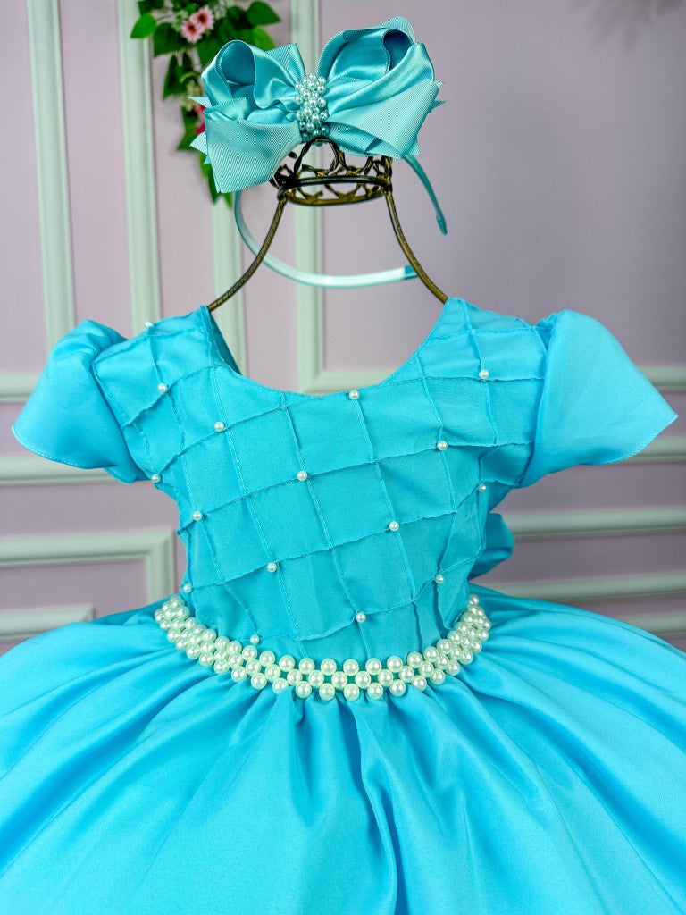Vestido Infantil Azul Tiffany em Cetim com Detalhes em Pérolas e Saia Rodada para Festa de Aniversário