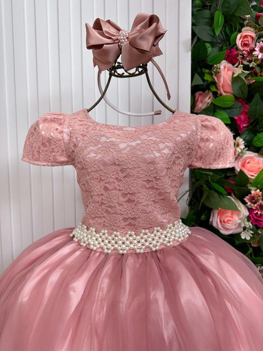 Vestido Infantil Rosa em Renda com Gola Redonda e Saia Rodada para Festa de Aniversário
