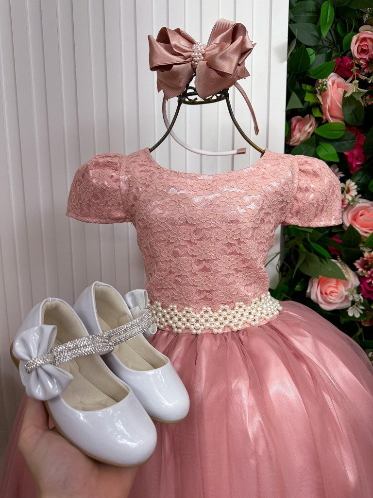 Vestido Infantil Rosa em Renda com Gola Redonda e Saia Rodada para Festa de Aniversário