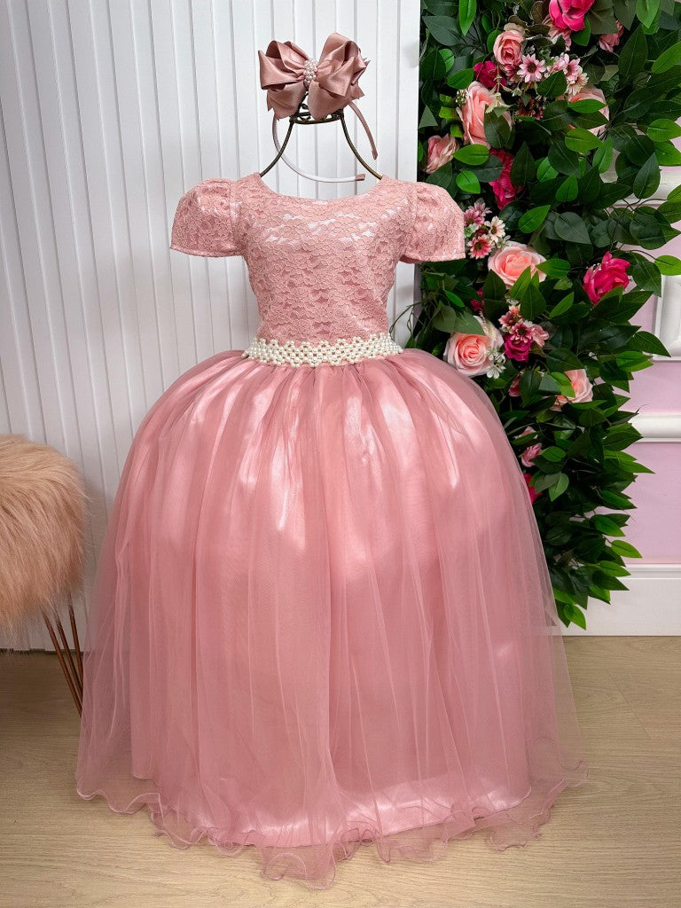 Vestido Infantil Rosa em Renda com Gola Redonda e Saia Rodada para Festa de Aniversário