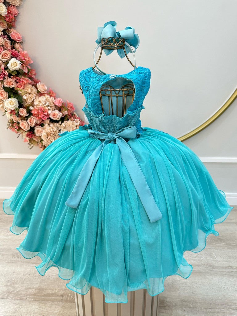 Vestido Infantil Verde em Renda com Aplique de Flores e Laço nas Costas