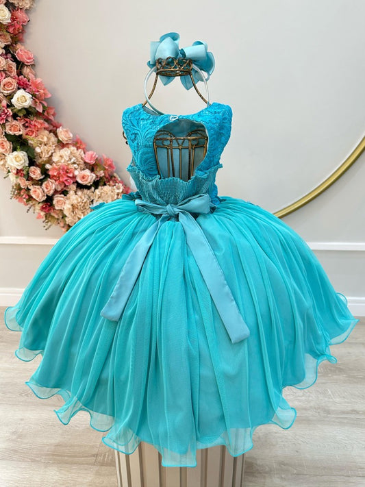 Vestido Infantil Verde em Renda com Aplique de Flores e Laço nas Costas